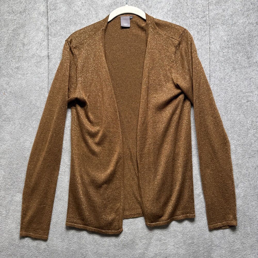 Ichi Cardigan Womens XL Gold Otilia Open Front Sparkle Party Jacket Copper Brown
